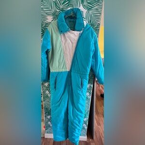 Vintage 1980s Women’s Ski Suit Snowsuit Sz M Blue, Teal and White